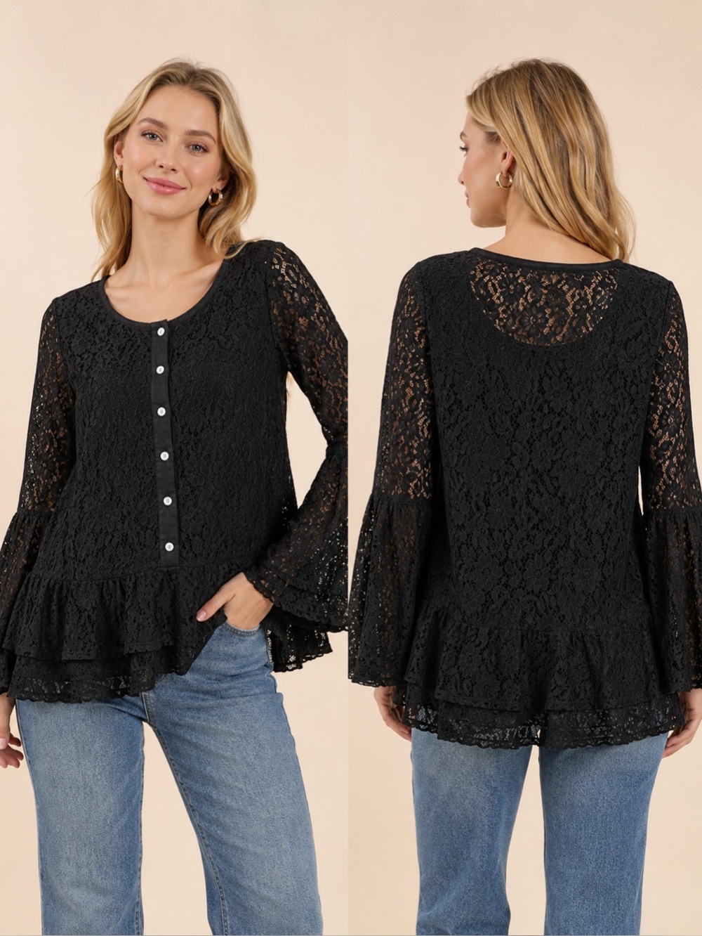 Umgee Black Lace Bell Sleeve Peplum Blouse Sheer Boho Romantic Women’s Size S